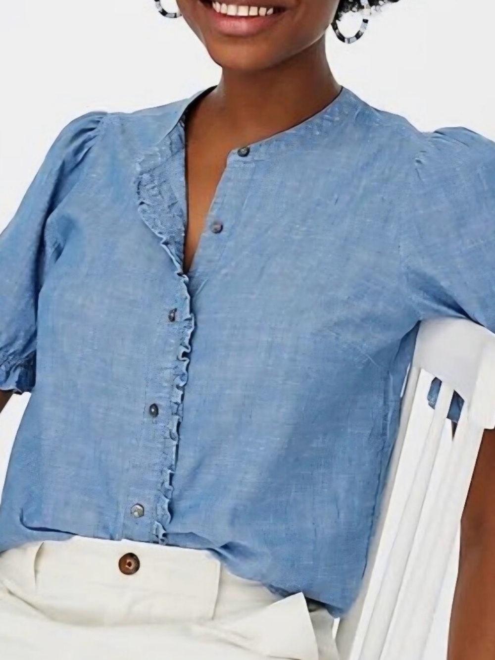 J. Crew 100% Cotton Light Blue Chambray Puff Sleeve Button-Up Blouse